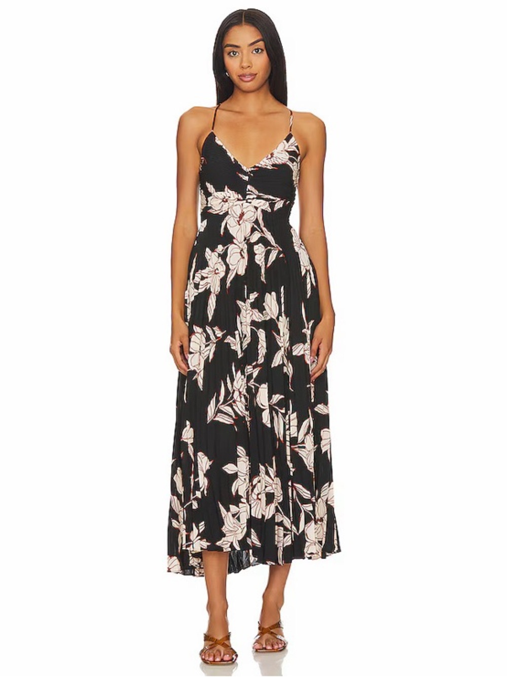 Astr | Dresses | Astr The Label Blythe Dress In Black Floral Pleated Midi Strappy Open Back S